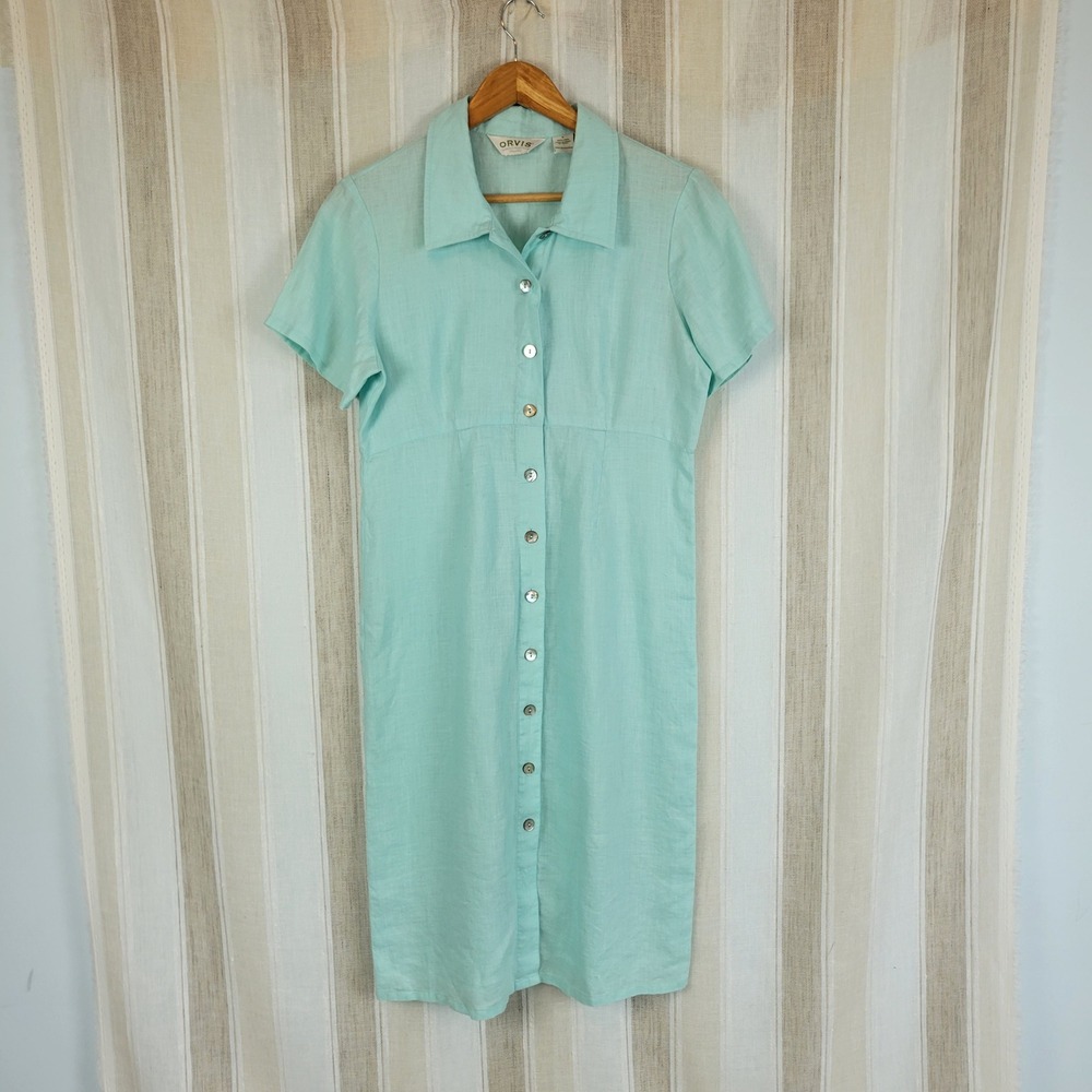 Orvis 100% Linen Button Front Midi Dress Pastel Blue‎ Size Small Lagenlook
